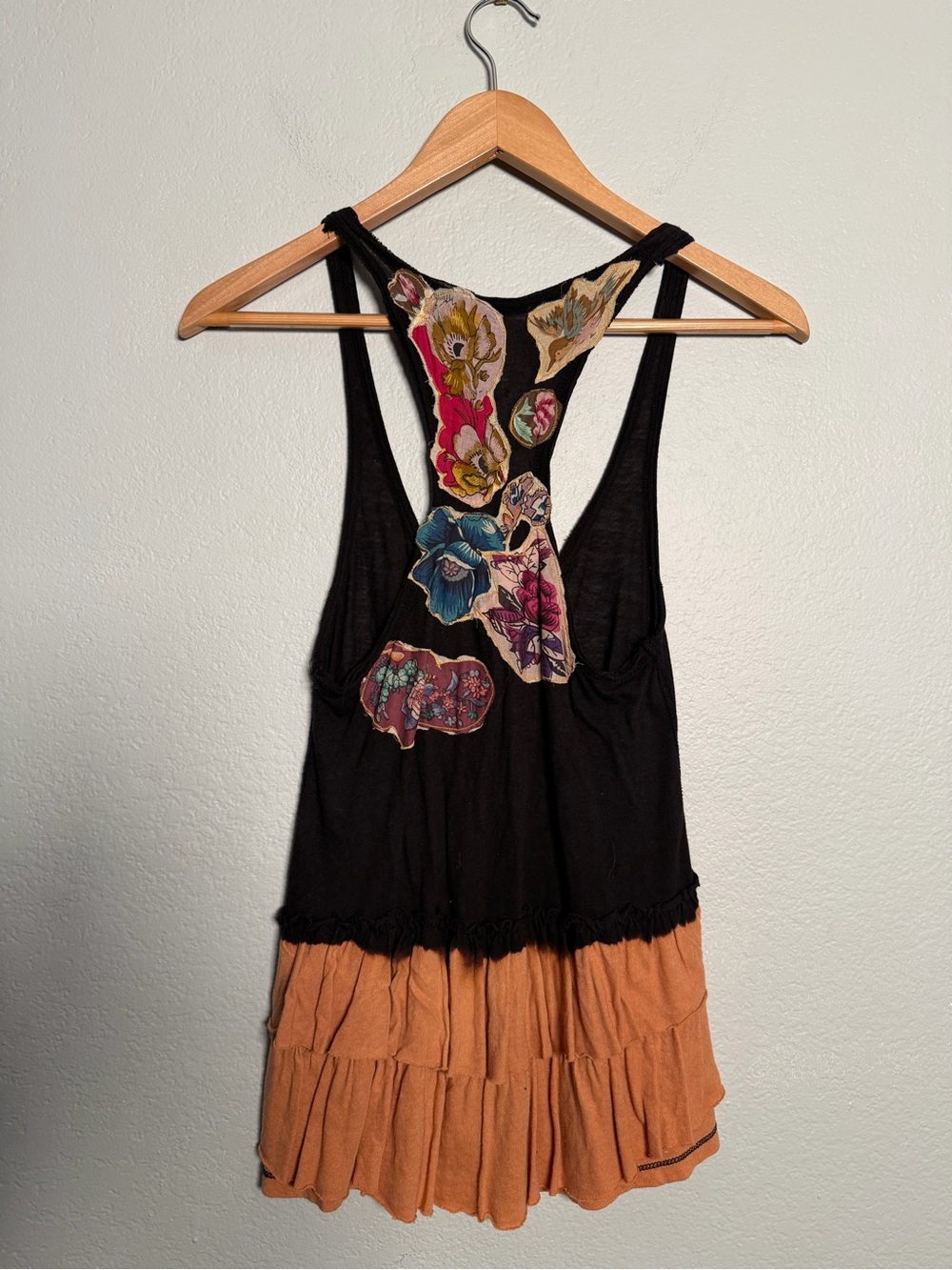 Free People Y2K Black Floral Racerback Tank with bleach dip dyed ruffle hem S